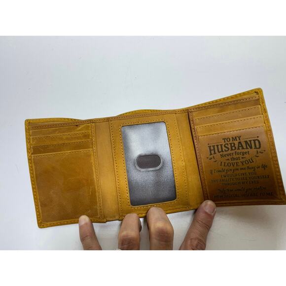 Engraved Trifold Leather Wallet Tan To My Husband 4.5X3 Business ID Card Gift - Picture 1 of 5